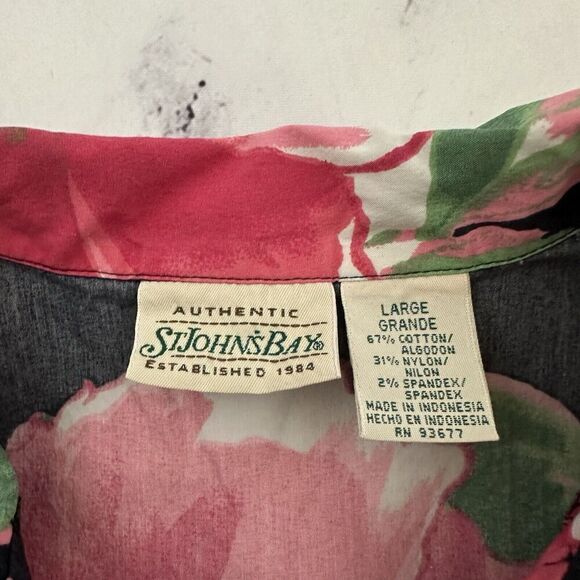 St Johns Bay Womens Vintage Y2k Wrap Crop Top Size L Black Pink Floral Tie Trim - Picture 5 of 9